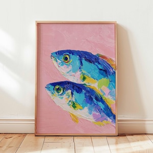 Decorazione murale con pesce azzurro, poster nautico per cucina, stampa di pesci costieri, decorazione marina scandinava, opera d'arte con linoleografia blu intenso.