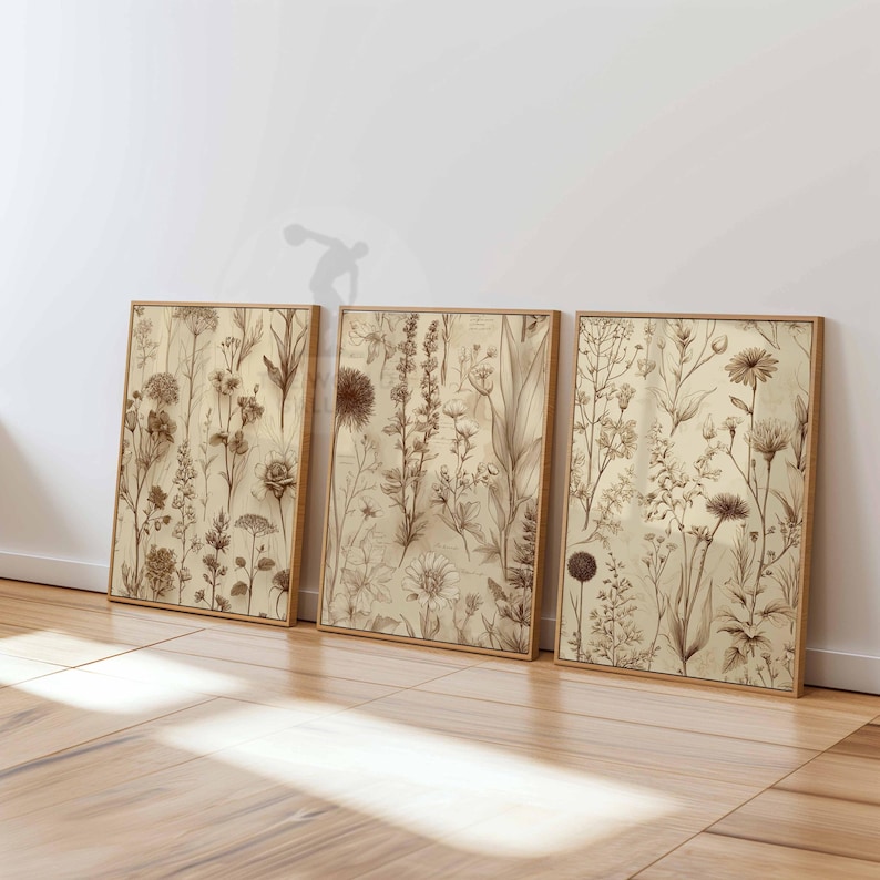 Neutral Wildflower Botanical Prints, Vintage Floral Wall Art, Set of 3 ...