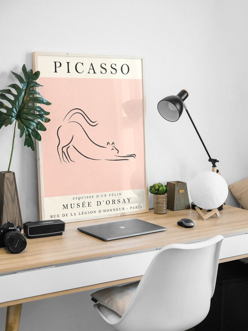 May include: A minimalist black and white line drawing of a cat on a pink background. The poster is framed in wood and has the text "PICASSO" at the top and "ESQUISSE D'UN FELIN MUS&Eacute;E D'ORSAY RUE DE LA L&Eacute;GION D'HONNEUR - PARIS" at the bottom.