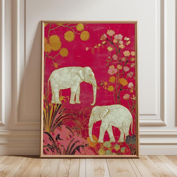 Estampado floral de elefante indio, arte mural bohemio, póster oriental rosa y dorado, decoración natural exótica, diseño cultural para el hogar.