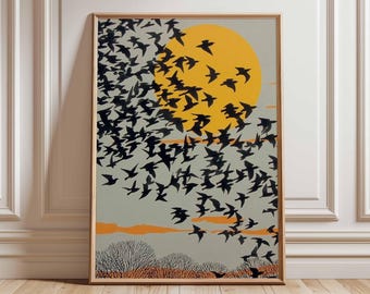 Birds in Flight Print, Sunset Silhouette, Minimalist Landscape Art