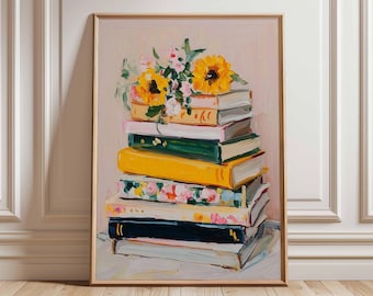 Book Lover Wall Art | Modern Still Life Poster | Stack of Books with Flowers Print | Cozy Literary Artwork | Reading Home Decor