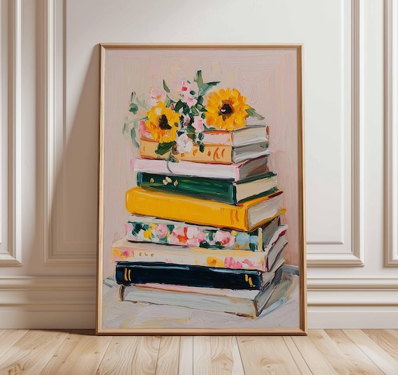 Book Lover Wall Art | Modern Still Life Poster | Stack of Books with Flowers Print | Cozy Literary Artwork | Reading Home Decor