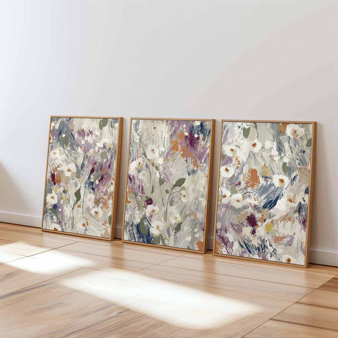 Abstract Floral Wall Art Set of 3, Brushstroke Flower Prints, Modern ...