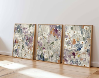 Abstract Floral Wall Art Set of 3, Brushstroke Flower Prints, Modern Impressionist Botanical Posters for Living Room or Bedroom Decor