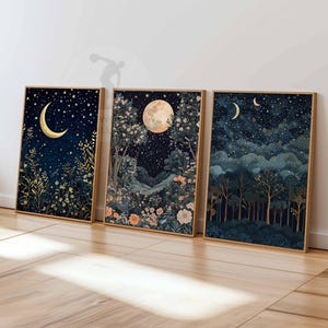 William Morris set van 3 posters, gouden decor, William Morris-print, maanposter, nachtelijke hemelkunst, botanisch decor, bloemsierkunst, slaapkamerkunst