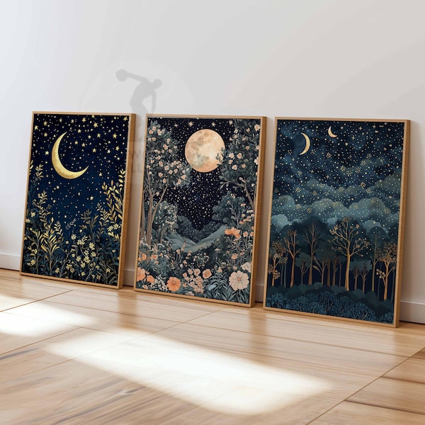 William Morris Set of 3 Posters, Gold Decor, William Morris Print, Moon Poster, Night Sky Art, Botanical Decor, Floral Art, Bedroom Art
