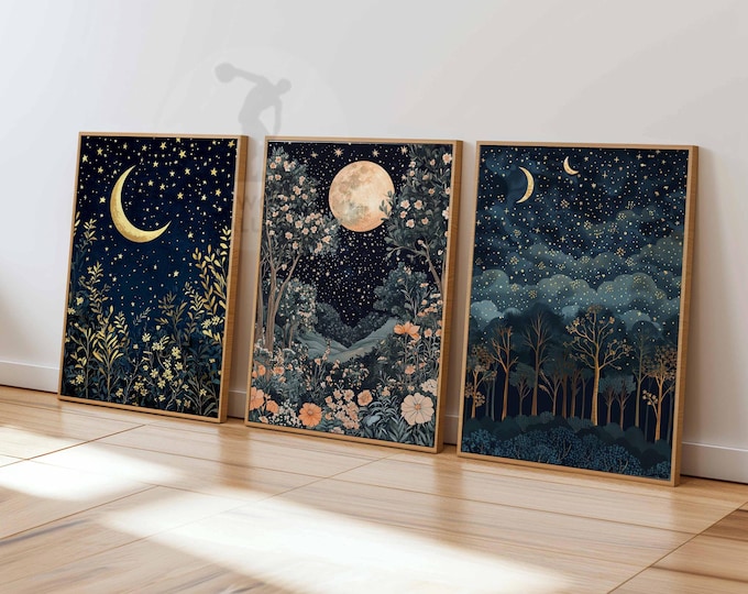William Morris Set of 3 Posters, Gold Decor, William Morris Print, Moon Poster, Night Sky Art, Botanical Decor, Floral Art, Bedroom Art