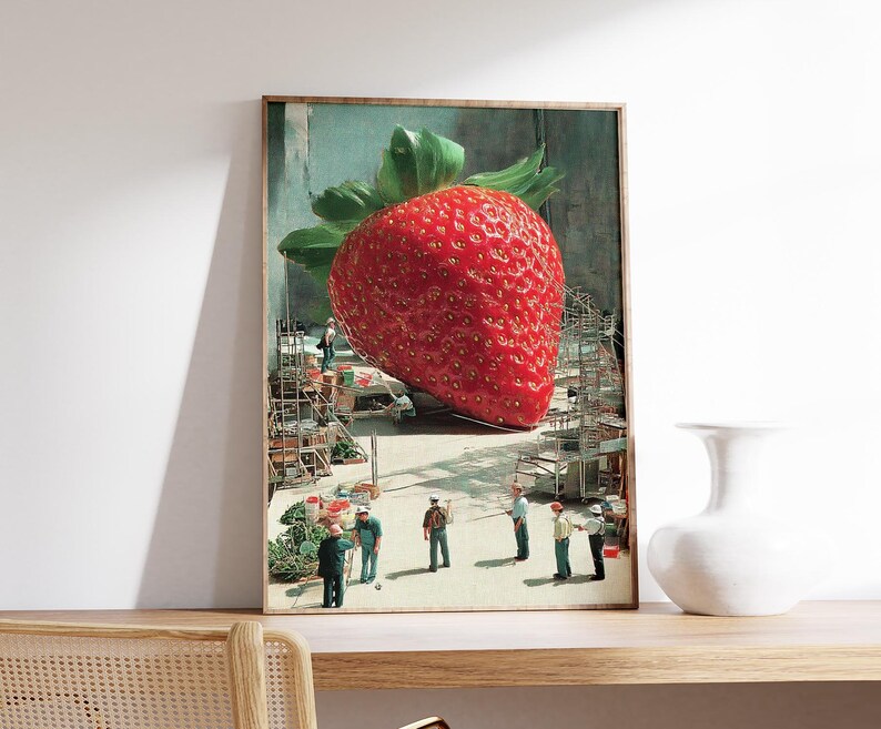 Surreal Strawberry Art Print, Modern Collage Wall Art With Tiny People ...
