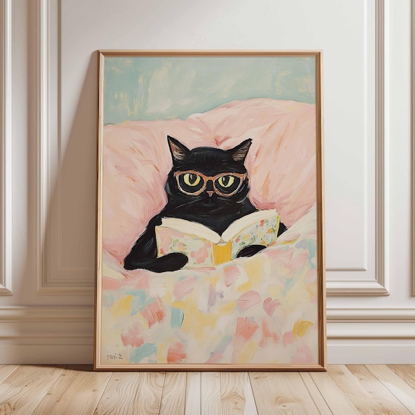 Funny Cat Reading Book Poster, Botanical Wall Art, Cat Lover Gift