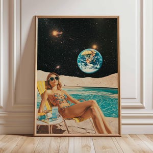 Póster retro de ciencia ficción, decoración cósmica surrealista de los años 70, póster espacial futurista, impresión de paisaje vintage, obra de arte espacial para dormitorio y sala de estar.