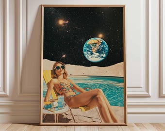 Retro Sci-Fi Poster, 70s Surreal Cosmic Decor, Futuristic Space Poster, Vintage Landscape Print, Space Artwork for Bedroom, Living Room