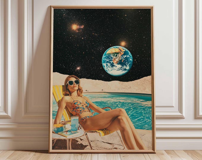 Retro Sci-Fi Poster, 70s Surreal Cosmic Decor, Futuristic Space Poster, Vintage Landscape Print, Space Artwork for Bedroom, Living Room