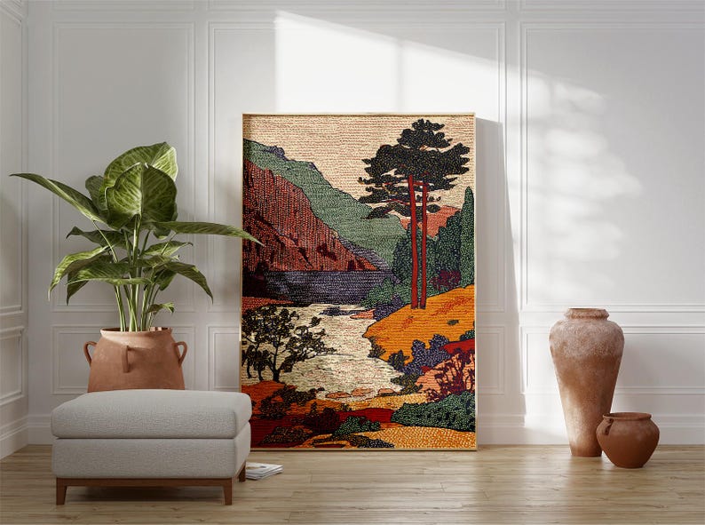 Vintage Landscape Art Print, Retro Scenic Wall Art With Mountains and ...