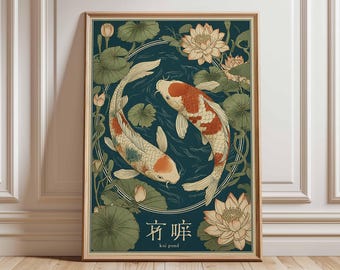 Japanese Koi Fish Print, Oriental Zen Wall Art, Lotus Pond