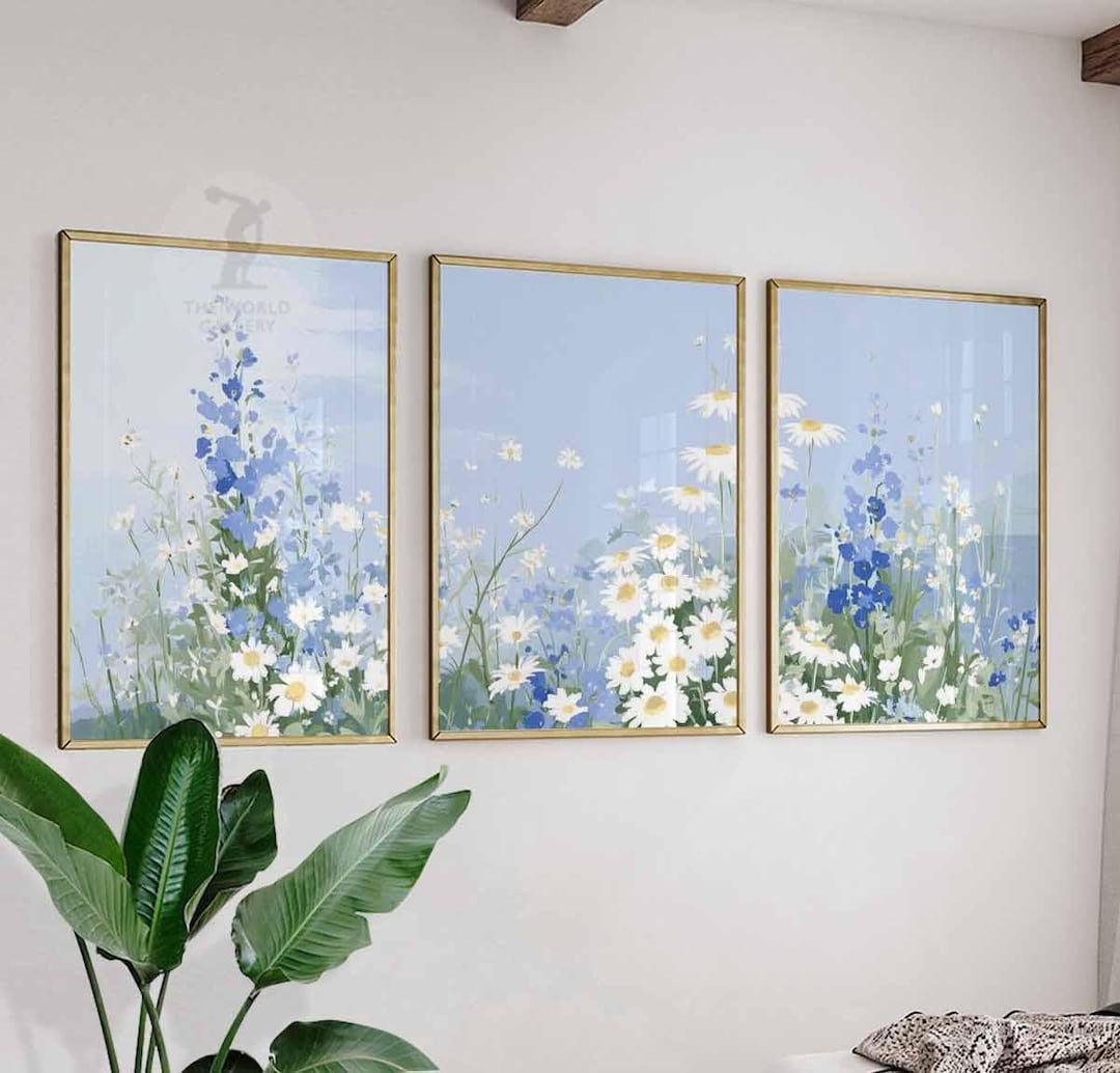 Set of 3 Wildflower Prints, Blue Floral Meadow Poster Trio, Botanical ...