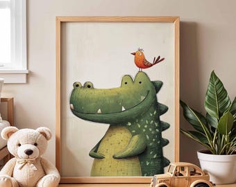 Lámina infantil de cocodrilo sonriente, pájaro en la cabeza, ilustración de animal juguetón