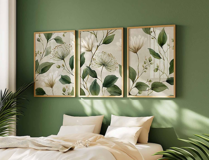 Botanical Wall Art Set of 3, Watercolor Green and White Floral Prints ...