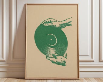 Minimalist Vinyl Record Poster, Retro Music Wall Art, Vintage Turntable Print, Green Record Player Illustration, Mid Century Music Decor