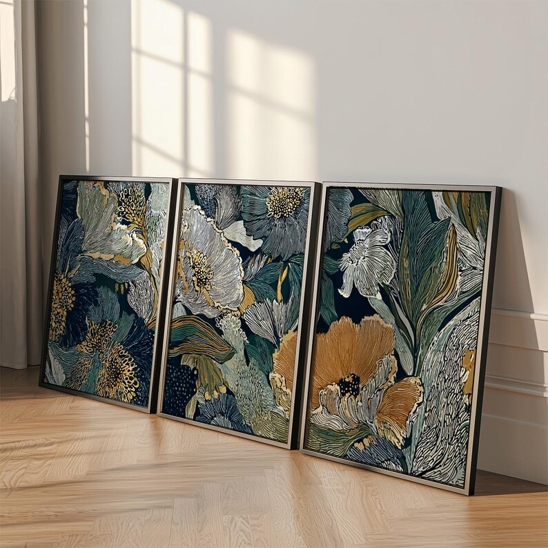 Dark Floral Botanical Wall Art Set | Navy Gold Flower Triptych Posters ...