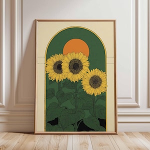 Groovy Sunflower Wall Art Print, Retro 70s Psychedelic Sun and Flowers Poster, Hippie Room Decor, Boho Illustration, Cottagecore