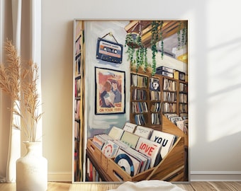 May include: A painting of a record store interior with shelves full of vinyl records, a cassette tape on the wall, and a sign that says "On Tour 1985".