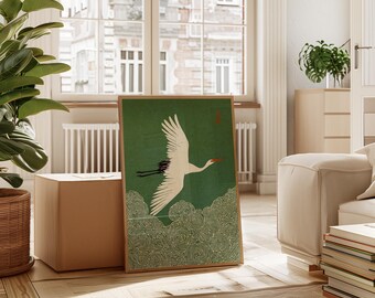 Japanese Crane in Swirling Cloud Skies, Woodblock-style Poster - Etsy