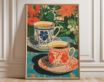 Vintage Tea Cup Still Life Art Print, Botanical Kitchen Decor