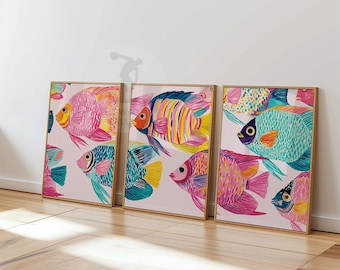 Stampe artistiche da parete con pesci tropicali / Set di 3, pesci angelo rosa e turchesi