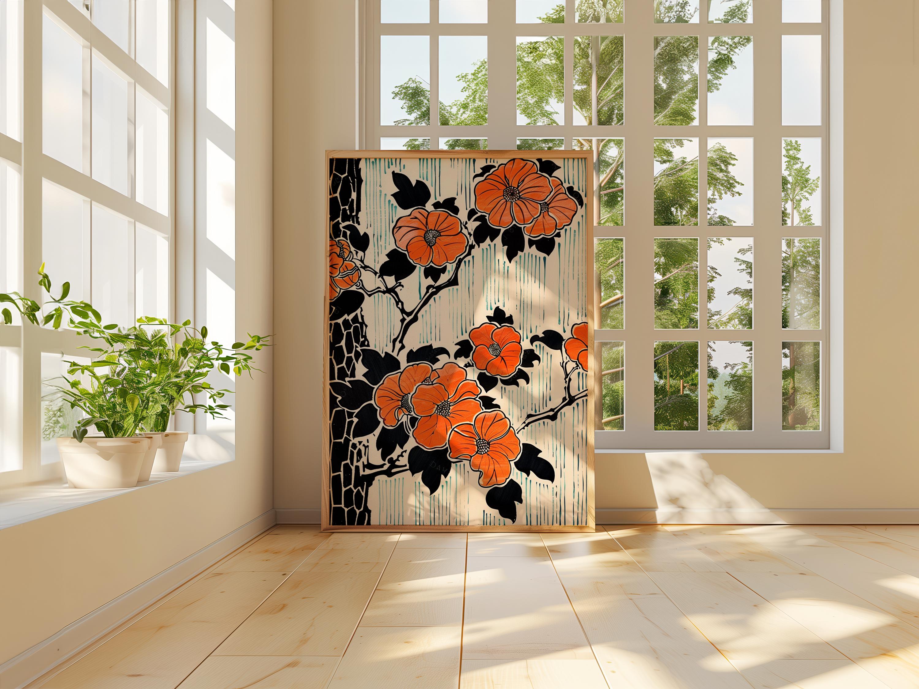 Japanese Orange Blossom Poster, Modern Woodblock Print, Asian