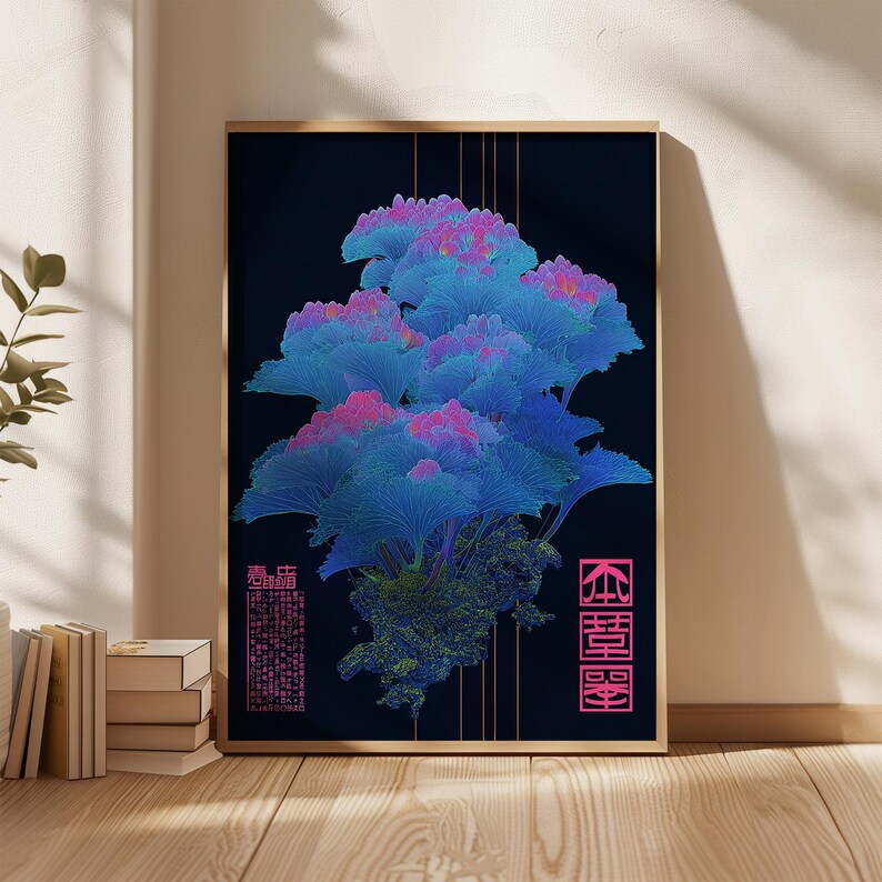 May include: Framed art print featuring a stylized, abstract botanical design. The artwork showcases a cluster of blue and pink foliage against a dark blue background. The print includes vertical lines and pink Japanese text. The frame is a light gold color.