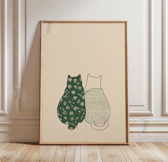 Cat Illustration Print | Floral & Check Patterned Cats, Minimalist Wall Art
