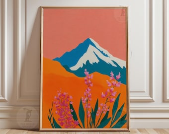Coral And Teal Mountain | Pink Wildflower Landscape Wall Art | Modern Botanical Illustration