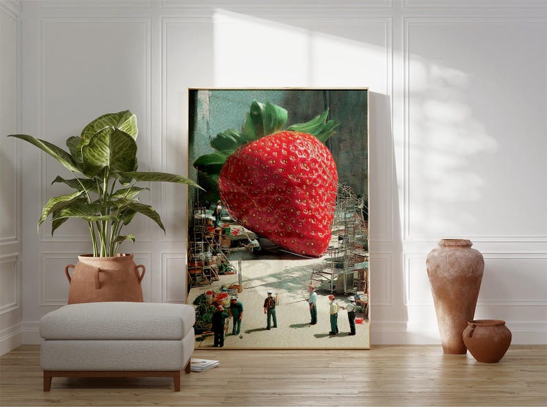 Surreal Strawberry Art Print, Modern Collage Wall Art With Tiny People ...
