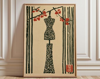 Japanese Woodblock Dressmaker Print | Tailor Dummy Wall Art | Linocut Fashion Decor