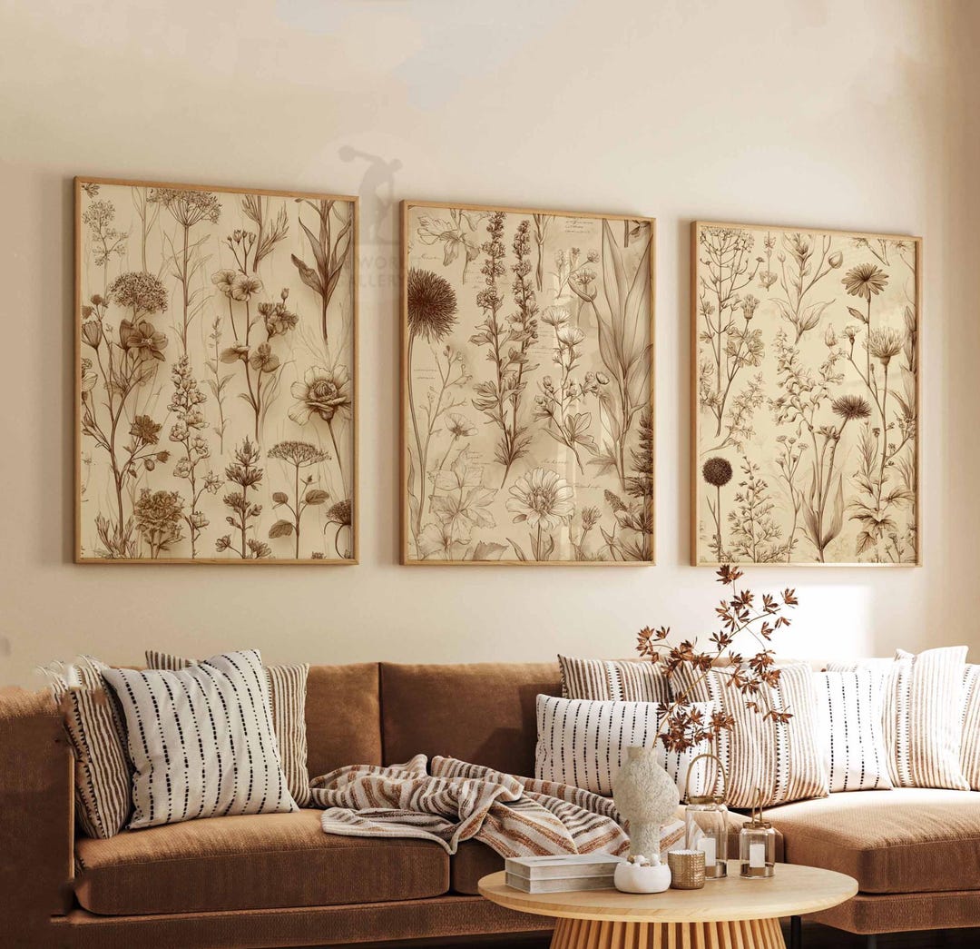 Neutral Wildflower Botanical Prints, Vintage Floral Wall Art, Set of 3 ...
