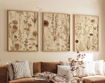 Neutral Wildflower Botanical Prints, Vintage Floral Wall Art, Set of 3
