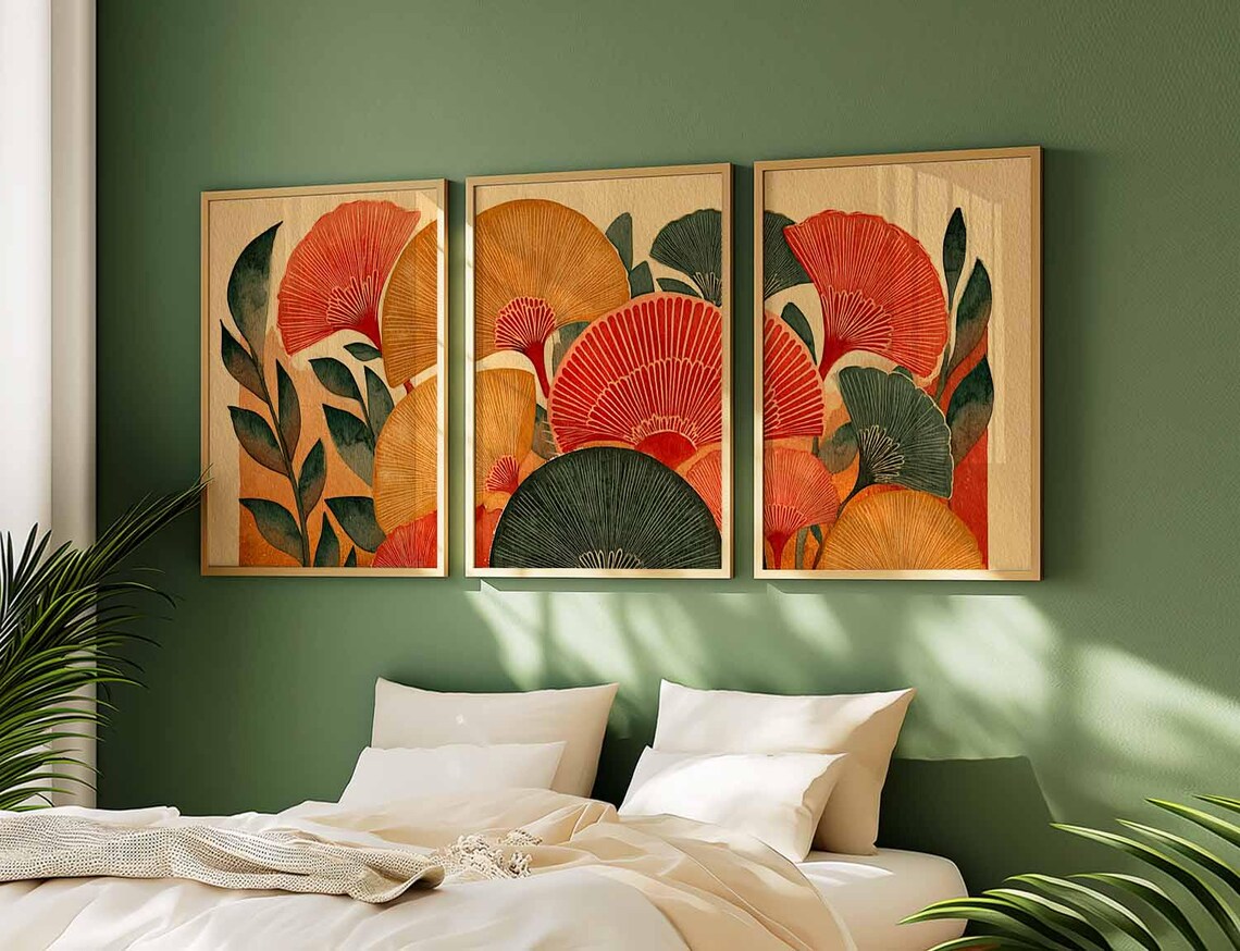 Retro Floral Wall Art Set of 3, Mid Century Modern Botanical Prints ...