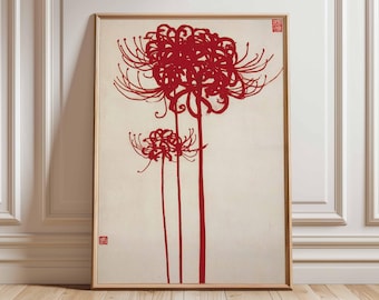 Estampado de lirio araña rojo japonés, arte floral minimalista Wabi Sabi.
