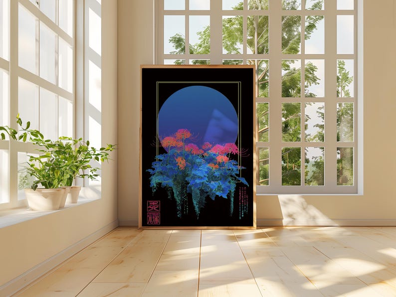 May include: Framed art print featuring a stylized floral design with a blue orb against a black background. The artwork showcases a blend of blue, orange, and pink hues, with Japanese characters in the lower right corner. The print is displayed in a room with natural light.