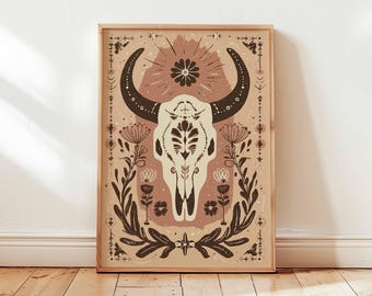 Western Cow Skull Art Print, Floral Longhorn Skull Poster, Boho Western Wall Decor, Desert Rustic Cowgirl Art, Southwestern Home Print