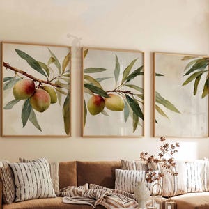 May include: A triptych of framed watercolour prints. Each print depicts a branch with green leaves and peaches in red and yellow hues. The frames are light wood, set against a soft beige background.