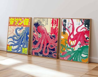 Retro Japanese Octopus Art Print Set | Ukiyo-e Marine Wall Decor