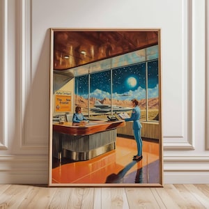 Póster retro de ciencia ficción, decoración cósmica surrealista de los años 70, póster espacial futurista, impresión de paisaje vintage, obra de arte espacial para dormitorio y sala de estar.