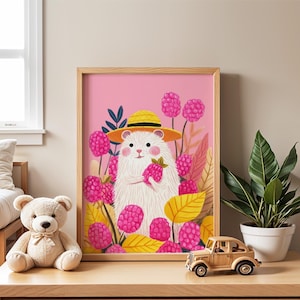 Hedgehog With Raspberry Nursery Poster | Animal Wall Art for Kids Room | Pink Wall Art | Cute Animal Print | Animal Playroom Decor | Gift