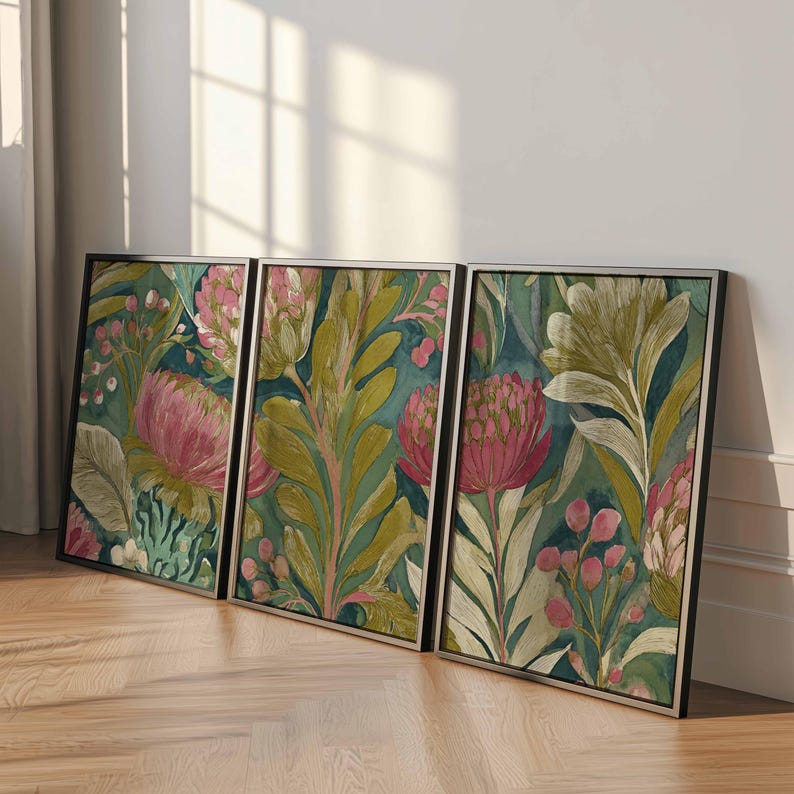 Botanical Wall Art Set of 3, Vintage Protea Floral Prints, Green and ...