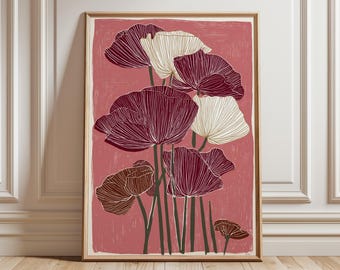 May include: A framed art print featuring a stylized illustration of poppies. The artwork showcases burgundy and cream-colored flowers with detailed line work against a dusty rose background. The print is in a wooden frame, suitable for home decor.