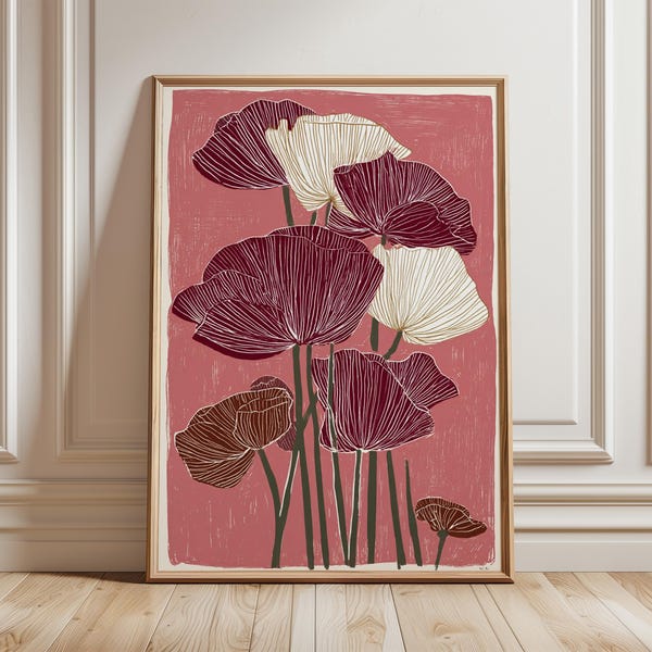 Modern Floral Art Print, Burgundy Poppy Wall Art, Minimalist Botanical Poster, Contemporary Flower Illustration, Abstract Home Decor