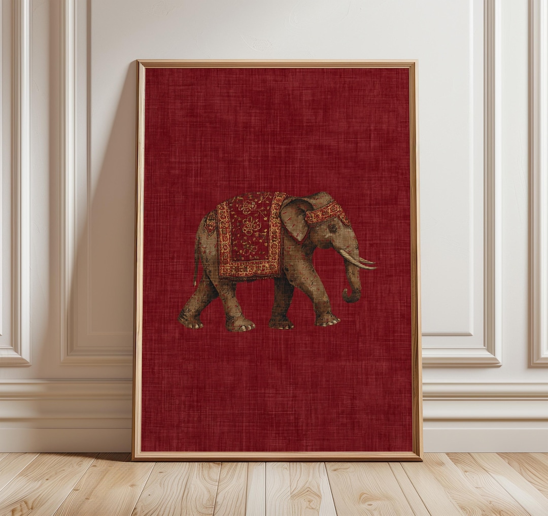 Indian Elephant Pattern Print, Red Textile Wall Art, Boho Tribal Decor ...