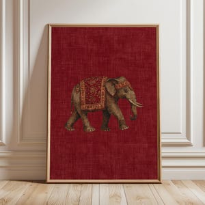 Indian Elephant Pattern Print, Red Textile Wall Art, Boho Tribal Decor, Oriental Animal Poster, Cultural Interior Design